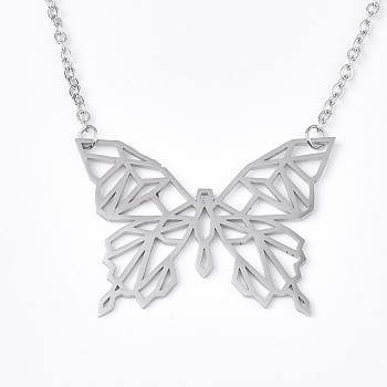 201 Stainless Steel Pendant Necklaces, with Cable Chains, Butterfly, Stainless Steel Color, 17.7 inch(45cm), 2mm, Butterfly: 29x39.5x1mm