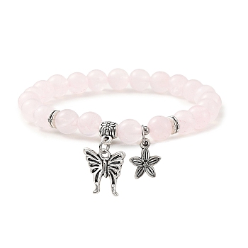 Natural Rose Quartz Round Beaded Stretch Bracelets, with Tibetan Style Alloy Butterfly Charms, Inner Diameter: 2 inch(5~5.1cm)