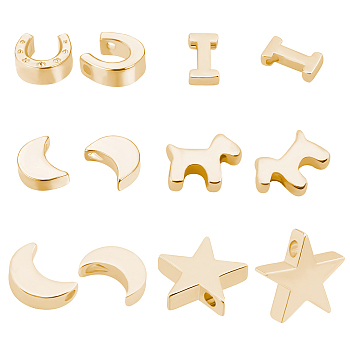 BENECREAT 36Pcs 6 Style Brass Pendants, Star & Moon & Dog Silhouette & Horseshoe & Moon & Letter I , Real 18K Gold Plated, 11.5x12x2.5mm, Hole: 1.2mm