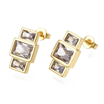 Cubic Zirconia Rectangle Dangle Stud Earrings, Real 18K Gold Plated Brass Jewelry for Women, Nickel Free, Clear, 14.5x8.5mm, Pin: 0.8mm