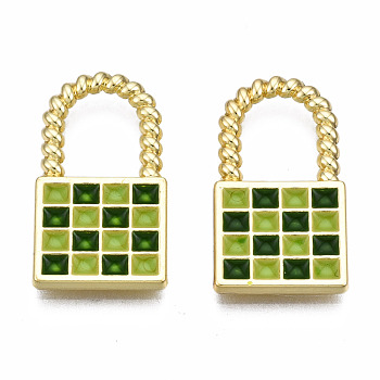 Rack Plating Alloy Checkerboard Pendants, with Enamel, Cadmium Free & Lead Free, Lock with Grid Pattern, Green, 20.5x11.5x2mm, Hole: 8x6.5mm