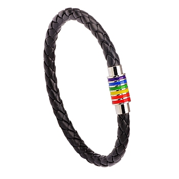 Imitation Leather Braided Cord Bracelets, with Alloy Magnetic Clasps, Black, 7-1/2 inch(19cm)