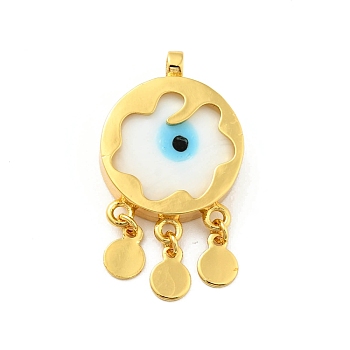 Rack Plating Handmade Evil Eye Lampwork Pendants, with Brass Findings, Long-Lasting Plated, Flat Round, Golden, White, 35~35.5x20x5.5mm, Hole: 3mm