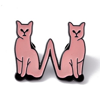 Cat Initial Letter Enamel Pin, Electrophoresis Black Alloy Cartoon Brooch for Backpack Clothes, Letter.W, 30x35x2mm, Pin: 1.2mm