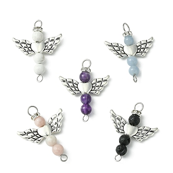 Mixed Stone Angel Connector Charms, with Antique Silver Tone Alloy Wings, 27.5x21.5x4.5mm, Hole: 1.8mm and 3mm