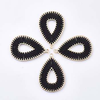 Polyester Thread Woven Pendants, with Golden Plated Alloy Findings, Long-Lasting Plated, Teardrop, Black, 42x28x2.5mm, Hole: 2mm