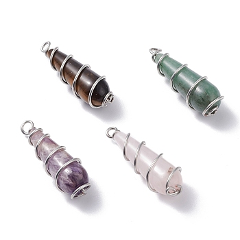 Teardrop Natural Mixed Gemstone Pendants, with Silver Copper Wire Findings, 37x12x12.5mm, Hole: 2~3mm