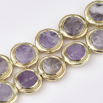 Natural Amethyst Beads, Electroplate Polymer Clay Edge, Flat Round, 16.5~18x16.5~17.5x4.5~7mm, Hole: 0.8mm