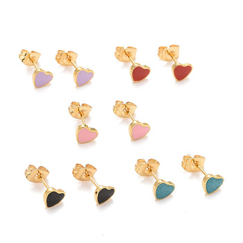 304 Stainless Steel Enamel Stud Earrings, with 316 Surgical Stainless Steel Pin, Golden, Heart, Mixed Color, 5.5x6x2mm, Pin: 0.8mm