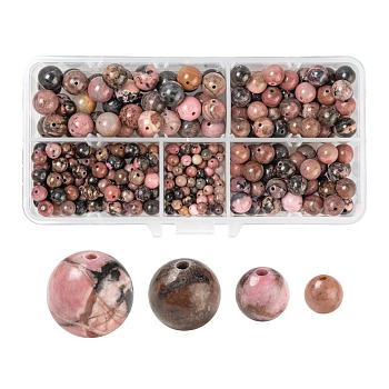 340Pcs 4 Style Natural Rhodonite Beads, Round, 4mm/6mm/8mm/10mm, hole: 1mm