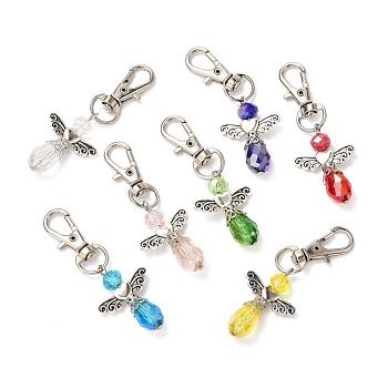 Faceted Teardrop Glass Pendants, with Faceted Glass Beads, Alloy Heart Beads & Swivel Lobster Claw Clasps, Iron Pins & Bead Caps, Angel, Mixed Color, 63mm, Pendant: 34x23.5x9.5mm