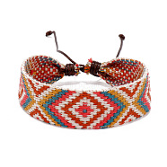 Cotton Braided Rhombus Cord Bracelet with Wax Ropes, Ethnic Tribal Adjustable Bracelet for Women, Orange, 7-1/8 inch(18cm)(PW-WG62422-01)