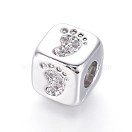 Brass Beads, with Micro Pave Cubic Zirconia, Cube with Baby Footprint, Clear, Platinum, 6x6x6mm, Hole: 3mm(KK-I657-05P)