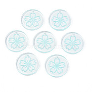 Transparent Resin Pendants, with Glitter Powder, Flat Round with Sakura Flower, Pale Turquoise, 24~24.5x3~4mm, Hole: 1.2mm(RESI-N030-004B)