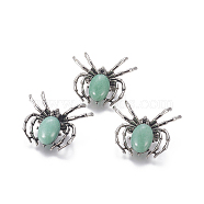 Natural Green Aventurine Brooch, with Alloy Findings and Glass, Spider, Antique Silver, 34~35x41~42x7mm, Hole: 3x5mm(G-A176-C10-1)
