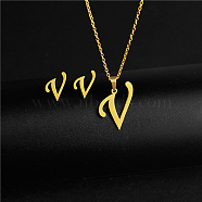 Golden Stainless Steel Initial Letter Jewelry Set, Stud Earrings & Pendant Necklaces, Letter V, No Size(IT6493-23)