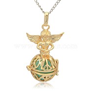 Golden Tone Brass Hollow Round Cage Pendants, with No Hole Spray Painted Brass Round Ball Beads, Round with Angel, Medium Turquoise, 43x28x20mm, Hole: 3x8mm(KK-J238-07G)