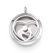 316 Surgical Stainless Steel Diffuser Locket Pendants, with Perfume Pad and Magnetic Clasps, Flat Round with Heart, Stainless Steel Color, Mixed Color, 36.5~37x30x6~6.5mm, Hole: 5mm, inner diameter: 23mm(STAS-P102-046)