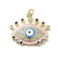 Brass Micro Pave Cubic Zirconia Pendants, with Enamel, with Jump Ring, Real 18K Gold Plated, Evil Eye, Pink, 20x23x5.3mm, Hole: 3.5mm(KK-E092-09G-03)