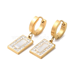 Synthetic White Shell Rectangle Dangle Earrings with Rhinestone, Ion Plating(IP) 304 Stainless Steel Jewelry for Women, Golden, 31mm, Pin: 1mm(EJEW-E286-02G)