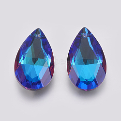 K9 Glass Rhinestone Pendants, Imitation Austrian Crystal, Faceted, teardrop, Bermuda Blue, 27.5~28x16~16.5x8~8.5mm, Hole: 1.6mm(X-GLAA-K034-K03)