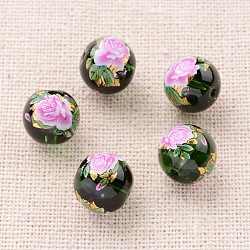 Flower Picture Printed Glass Round Beads, Dark Green, 10mm, Hole: 1mm(GLAA-J088-10mm-A15)
