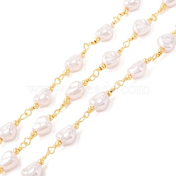 ABS Plastic Pearl Nugget Beaded Chains, with Brass Findings, Unwelded, with Spool, Lead Free & Cadmium Free, Golden, White, Link: 20x6.5x4.5mm(CHC-K012-06G)