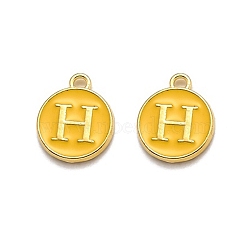 Golden Plated Alloy Enamel Charms, Enamelled Sequins, Flat Round with Alphabet, Letter.H, Yellow, 14x12x2mm, Hole: 1.5mm(ENAM-Q437-13H)