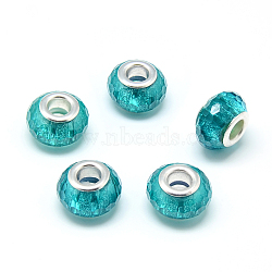 Resin European Beads, Large Hole Beads, with Silver Color Plated Brass Cores, Faceted, Rondelle, Large Hole Beads, Dark Turquoise, 13.5~14.5x9mm, Hole: 5mm(RPDL-S009-01)