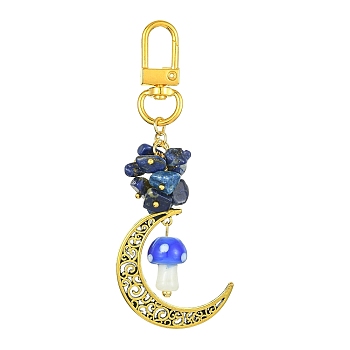 Hollow Moon Alloy Pendant Decoraiton, with Gemstone Chip Beads and Mushroom Handmade Lampwork Beads, Alloy Swivel Clasps, 95mm