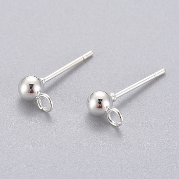 304 Stainless Steel Stud Earring Findings, with Loop, Round, Silver Color Plated, 15x7x4mm, Hole: 1.7mm, Pin: 0.8mm
