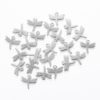 304 Stainless Steel Charms, Dragonfly, Stainless Steel Color, 10x12x0.8mm, Hole: 1mm