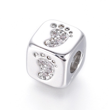 Brass Beads, with Micro Pave Cubic Zirconia, Cube with Baby Footprint, Clear, Platinum, 6x6x6mm, Hole: 3mm