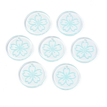 Transparent Resin Pendants, with Glitter Powder, Flat Round with Sakura Flower, Pale Turquoise, 24~24.5x3~4mm, Hole: 1.2mm