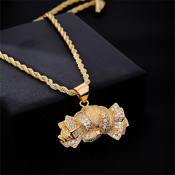 Brass Pave Clear Cubic Zirconia Dollar Pendant Necklaces for Men, Golden, 19.69 inch(50cm)