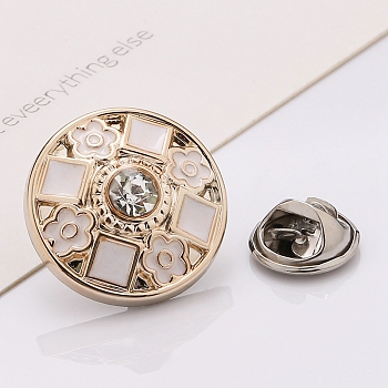 Plastic Brooch, Alloy Pin, with Rhinestone, Enamel, for Garment Accessories, Round with Flower & Square, Snow, 18mm