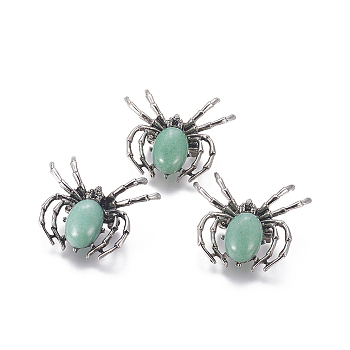 Natural Green Aventurine Brooch, with Alloy Findings and Glass, Spider, Antique Silver, 34~35x41~42x7mm, Hole: 3x5mm