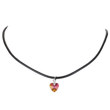 Glass Heart Pendant Necklaces, with Imitation Leather Cord, Copper, 17.64 inch(44.8cm)