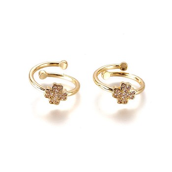 Adjustable Brass Micro Pave Cubic Zirconia Finger Rings, Clover, Clear, Golden, Size: 6, 16mm