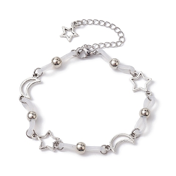 Alloy & Silicone Link Chain Bracelets, Star & Moon Bracelet for Women, WhiteSmoke, 7-3/4~7-7/8 inch(19.7~20cm)