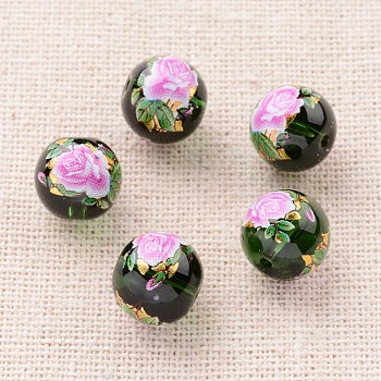 Flower Picture Printed Glass Round Beads, Dark Green, 10mm, Hole: 1mm
