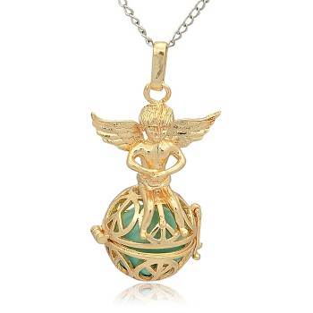 Golden Tone Brass Hollow Round Cage Pendants, with No Hole Spray Painted Brass Round Ball Beads, Round with Angel, Medium Turquoise, 43x28x20mm, Hole: 3x8mm