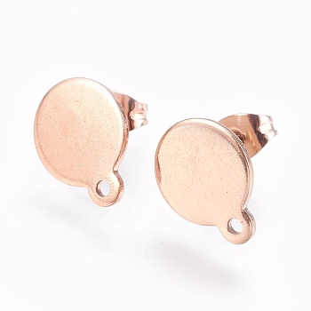 Ion Plating(IP) 304 Stainless Steel Stud Earring Findings, with Flat Plate, Flat Round, Rose Gold, 12mm, 12.5x10x1mm, pin: 0.8mm