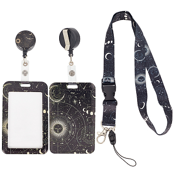 ABS Plastic ID Badge Holder Sets, include Lanyard and Retractable Badge Reel, ID Card Holders with Clear Window, Rectangle with Universe Theme, Black, 790mm, 1 set/box
