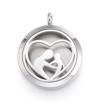 316 Surgical Stainless Steel Diffuser Locket Pendants, with Perfume Pad and Magnetic Clasps, Flat Round with Heart, Stainless Steel Color, Mixed Color, 36.5~37x30x6~6.5mm, Hole: 5mm, inner diameter: 23mm