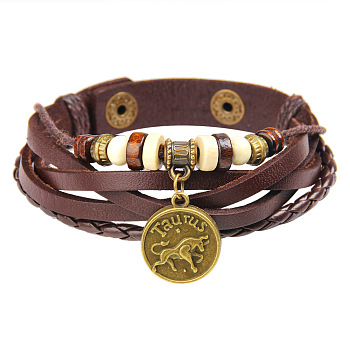 12 Constellation Snap Bracelets, Leather Cord with Brass Findings, Flat Round, Taurus, 8-5/8 inch(22cm)