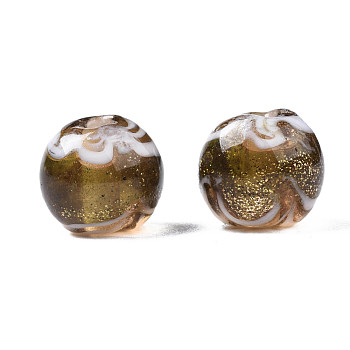Handmade Gold Sand Lampwork Beads, Round, Olive, 9~10x8~10mm, Hole: 1.6mm