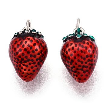 925 Sterling silver Enamel Fruit Pendants, Strawberry Charms with Jump Rings, Red, 19x13x13mm, Hole: 4mm