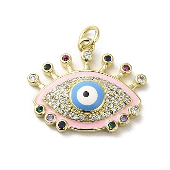 Brass Micro Pave Cubic Zirconia Pendants, with Enamel, with Jump Ring, Real 18K Gold Plated, Evil Eye, Pink, 20x23x5.3mm, Hole: 3.5mm