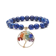 Natural Lapis Lazuli(Dyed) Stretch Bracelet, Yoga Chakra Mixed Gemstone Chips Tree of Life Charms Bracelet for Women, Inner Diameter: 2 inch(5.2cm)(BJEW-JB08748-02)